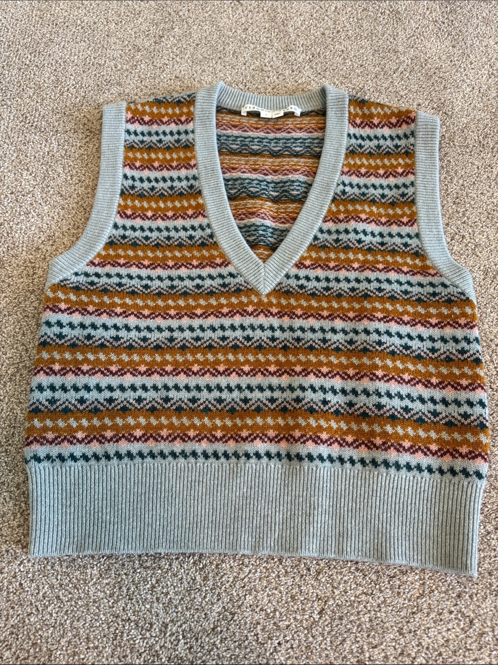 Veronica Beard Light Blue V-Neck Fair Isle Sweater Vest